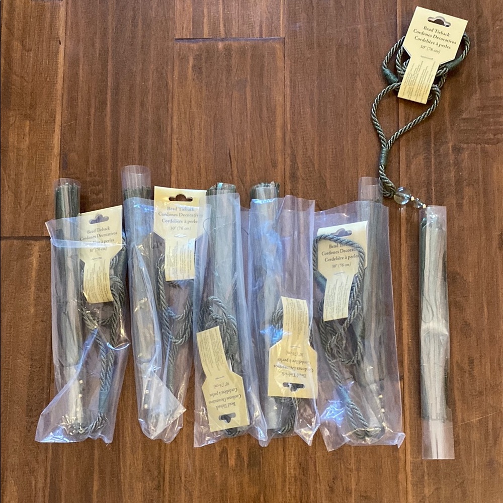 NEW LOT OF 6 Elegant Curtain Bead Tiebacks Set in Green/Brown 30” by Kenney Mfg.